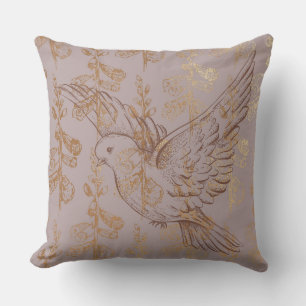 Mocha Gold Elegant Dove Floral Pillow