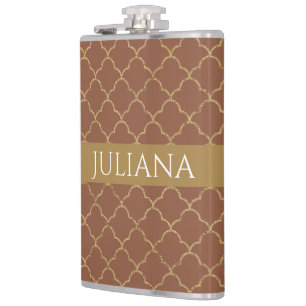 Mocha Gold Quatrefoil Personalised  Hip Flask