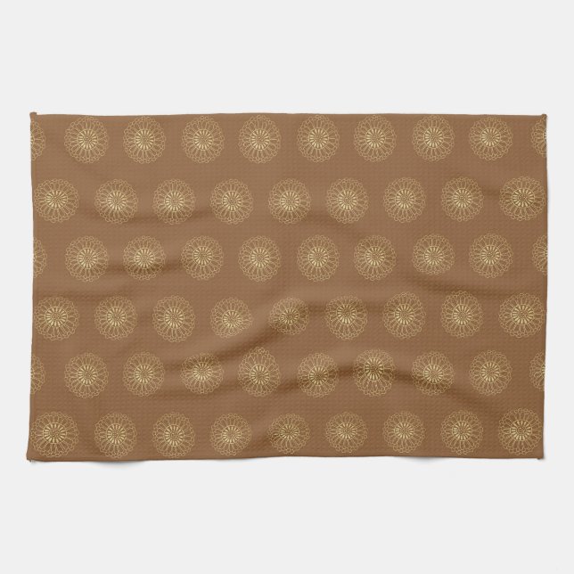 Mocha | Golden Zinnia Flower Medallions Tea Towel (Horizontal)