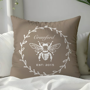 Mocha Honey Bee Laurel Honeycomb Monogram Cushion