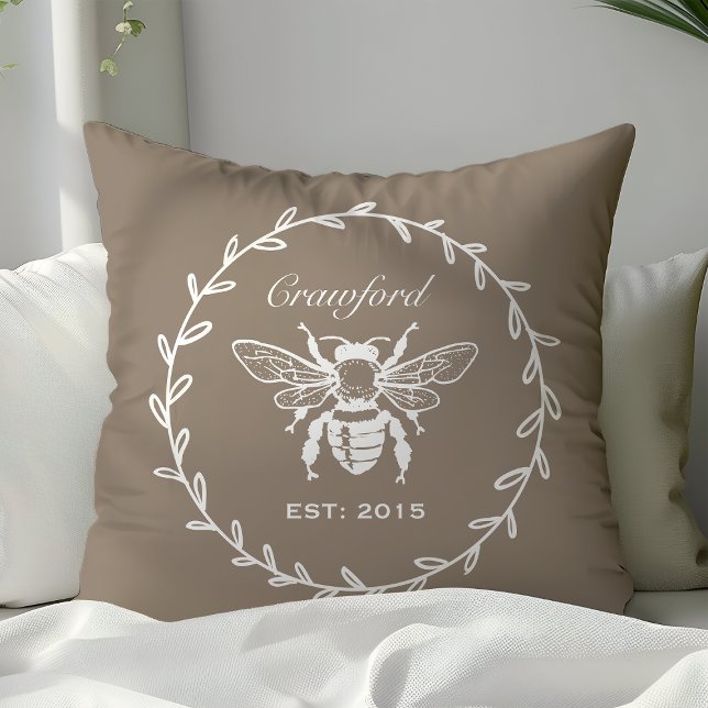 Mocha Honey Bee Laurel Honeycomb Monogram Cushion (Creator Uploaded)
