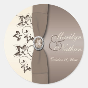 Mocha Ivory Floral Monogrammed 1.5" Round Sticker
