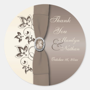 Mocha Ivory Floral Monogrammed 3" Round Sticker