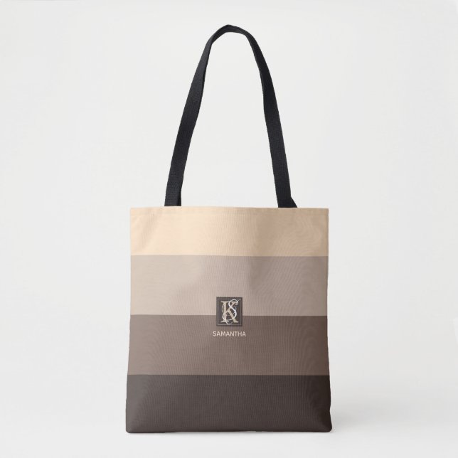 Mocha Latte Colour Palette Stripes Monogram Tote Bag (Front)