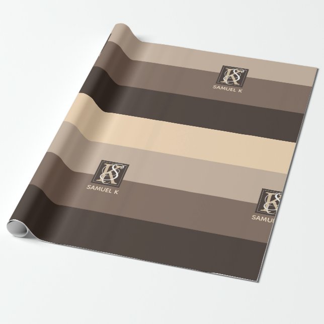 Mocha Latte Colour Palette Stripes Monogram Wrapping Paper (Unrolled)