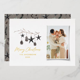 mocha modern scandi elegant script Christmas photo Foil Holiday Card