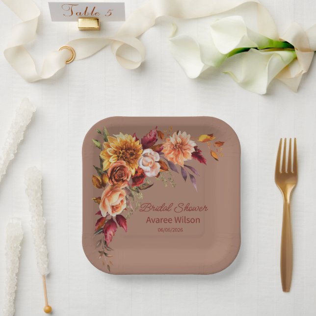 Mocha Mouse with Autumn Florals Shower Paper Plate (Wedding)