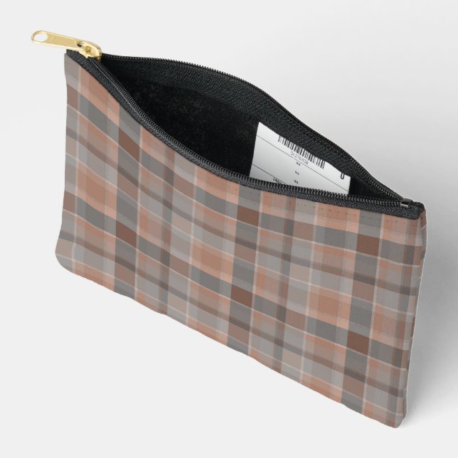 Mocha mousse and grey chequered accessory pouch (Open)
