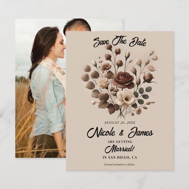 Mocha Mousse Beige Brown Floral Save The Date  Invitation (Front/Back)