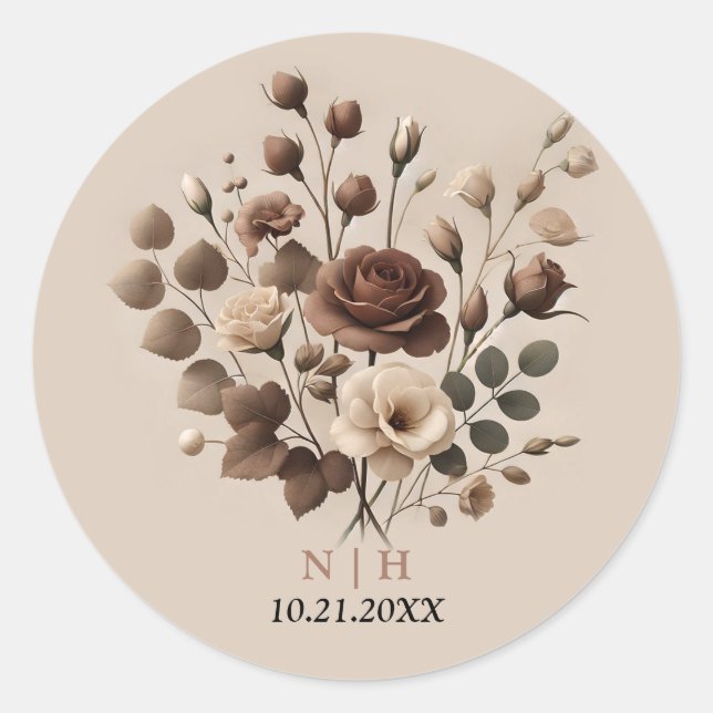 Mocha Mousse Beige Brown Floral Wedding Classic Round Sticker (Front)