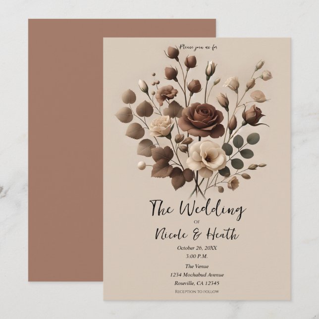 Mocha Mousse Beige Brown Floral Wedding Invitation (Front/Back)