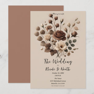 Mocha Mousse Beige Brown Floral Wedding Invitation