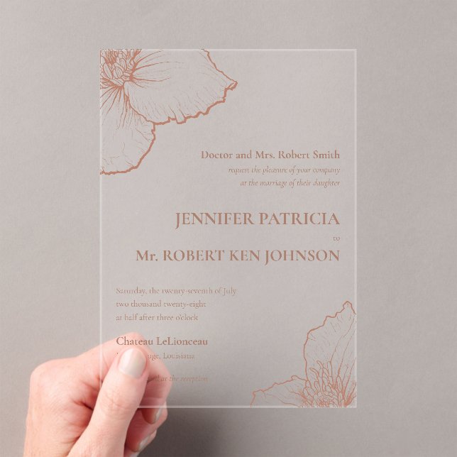 Mocha Mousse Clematis Botanical  Formal Wedding Acrylic Invitations (Insitu (Handheld))