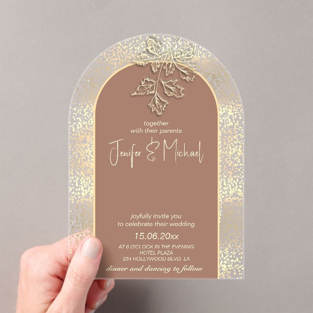 Mocha mousse Gentle romantic gold confetti floral  Acrylic Invitations (Insitu (Handheld))