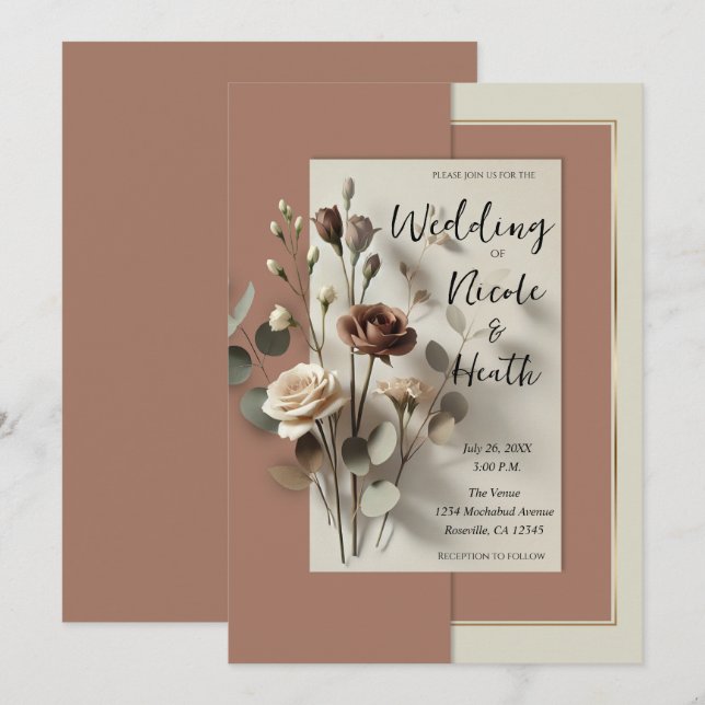 Mocha Mousse Modern Botanical Floral Wedding Invitation (Front/Back)