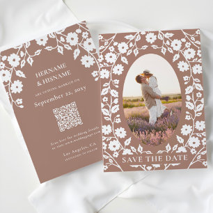 Mocha Mousse Photo QR Code Website Folk Floral Save The Date
