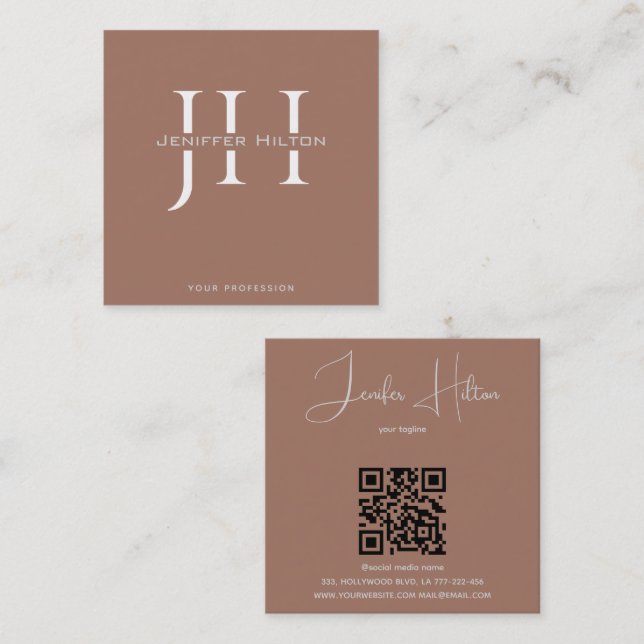 Mocha Mousse QR code minimalist monogram Square Business Card (Front/Back)