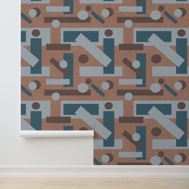 Mocha Mousse Teal Geometric Mid Century Modern Art Wallpaper (Application)