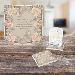 Mocha Peach Floral Frame Bible Verse  Stone Coaster