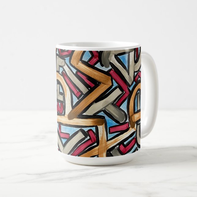 Mocha Red Grey Geometric-Hand Painted Abstract Art Coffee Mug (Front Right)