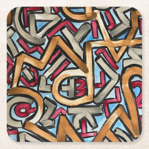 Mocha Red Grey Geometric-Hand Painted Abstract Art Square Paper Coaster