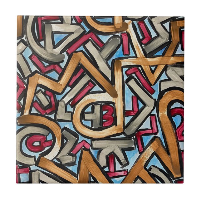 Mocha Red Grey Geometric-Hand Painted Abstract Art Tile (Front)
