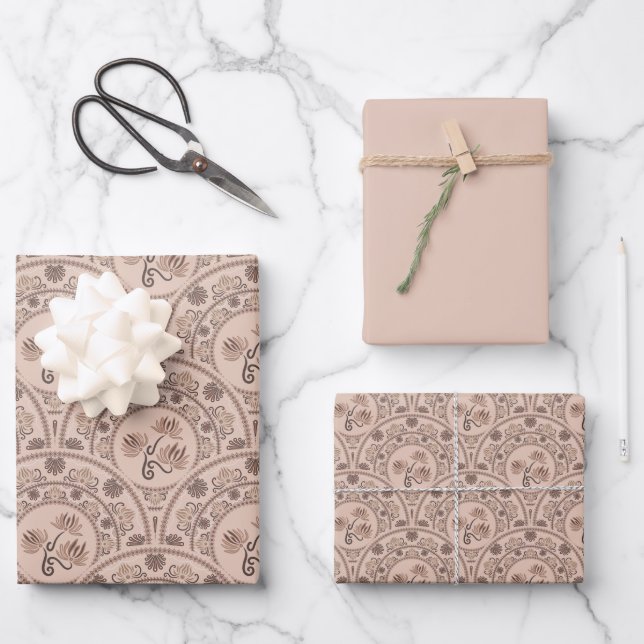 Mocha Rococo Revival Mandala Art Deco Scallop Wrapping Paper Sheet (Front)
