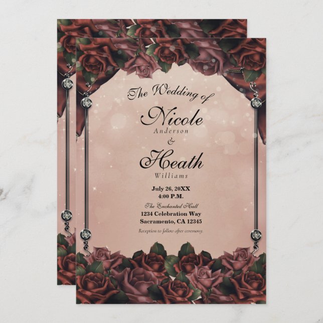 Mocha Rust Brown Roses Elegant Fall Wedding Invitation (Front/Back)