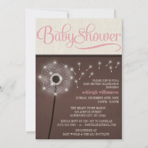 Mocha Rustic Linen Girl Dandelion Baby Shower Invitation