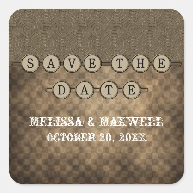 Mocha Steampunk Keys Save the Date Stickers (Front)