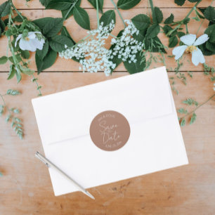 Mocha Stylised Wedding Save the Date Classic Round Sticker