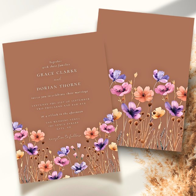 Mocha Terracotta Rustic Boho Wildflower Wedding Invitation (Creator Uploaded)