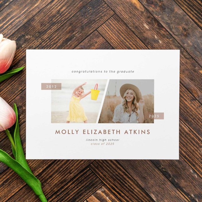 Mocha Then and Now Two Photo Graduation Announcement (Creator Uploaded)