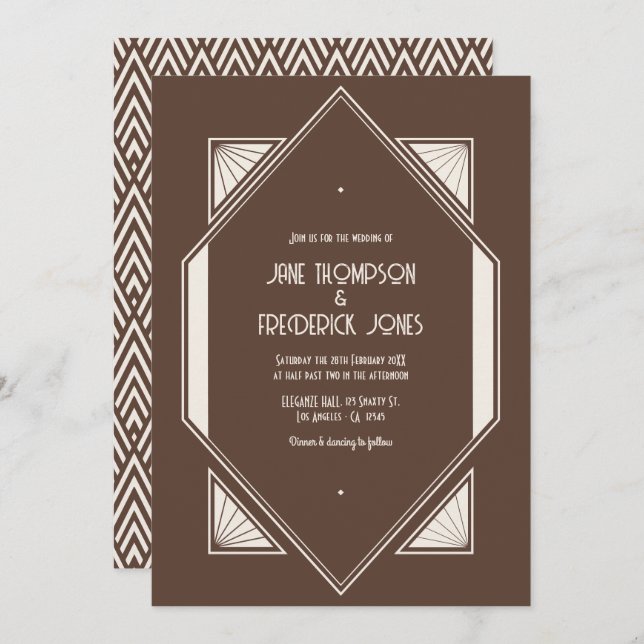 Mocha Truffle & Cream Silk Art Deco Wedding Photo Invitation (Front/Back)