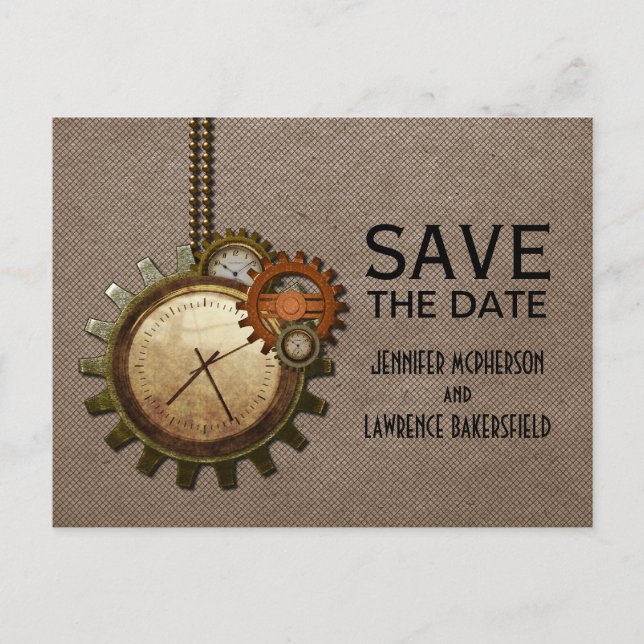 Mocha Vintage Clock Save the Date Postcard (Front)