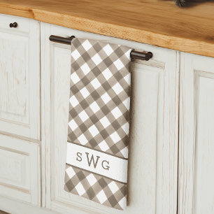Mocha & White Buffalo Plaid Three Initial Monogram Tea Towel