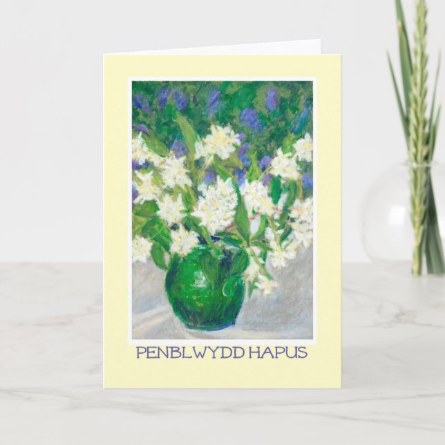 Mock Orange Blossom Birthday Card - Welsh Greeting (Front)