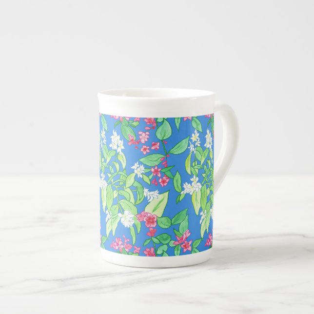 Mock Orange, Weigela, Pink, White on Bright Blue Bone China Mug (Front Right)