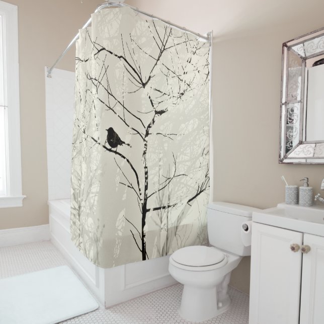 Mockingbird in Tree Light Cream Charcoal Black Shower Curtain (In Situ)