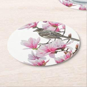 Mockingbird / Magnolias Round Paper Coaster