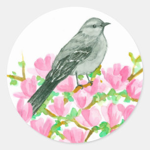 Mockingbird Pink Magnolia Watercolor Classic Round Sticker