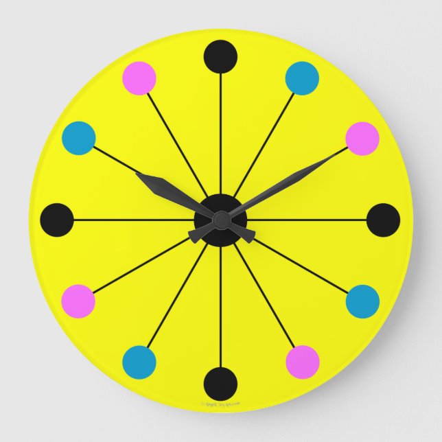 Mod 1960s Retro Wall Clock on Yellow (Front)
