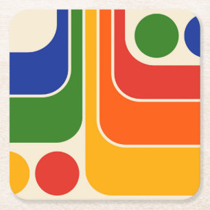 Mod 1970s Retro Style Geometric Design Square Paper Coaster