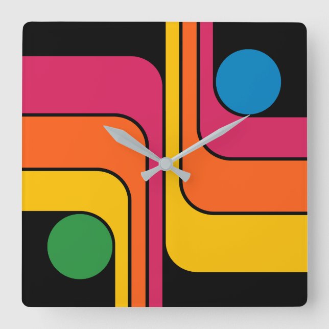 Mod 1970s Retro Style Geometric Design Square Wall Clock (Front)
