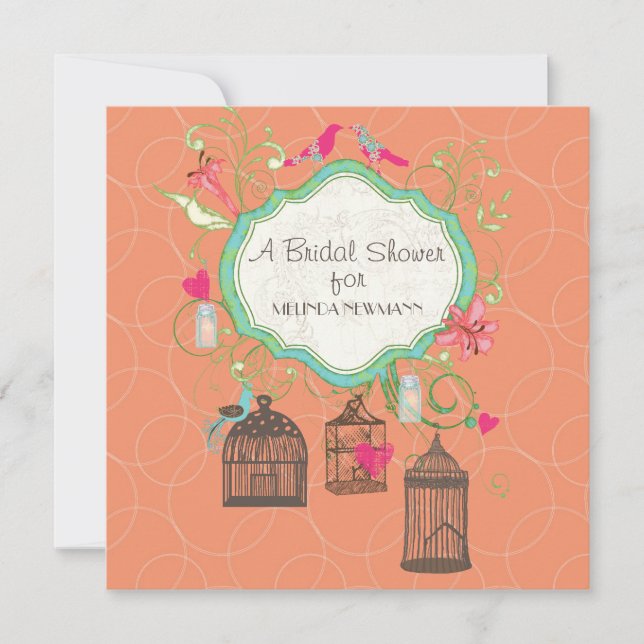 Mod Bird Cage Mason Jar Heart Floral Bridal Shower Invitation (Front)