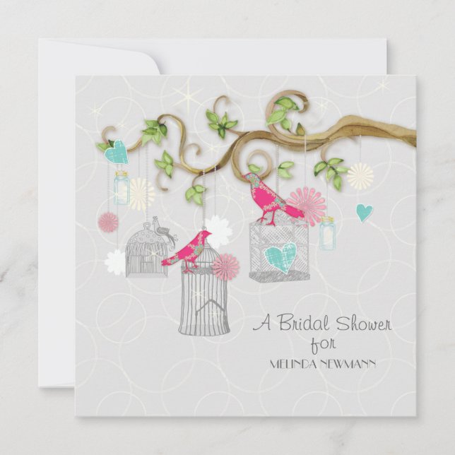 Mod Bird Cage Mason Jar Heart Floral Bridal Shower Invitation (Front)