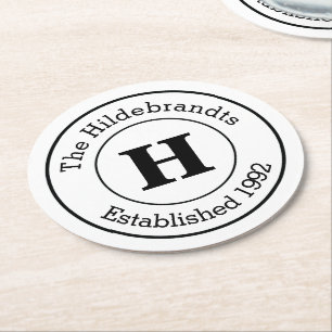Mod Black and White Custom Monogram Family Round Paper Coaster