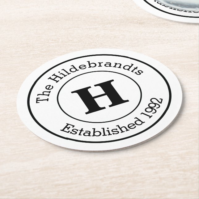 Mod Black and White Custom Monogram Family Round Paper Coaster (Angled)