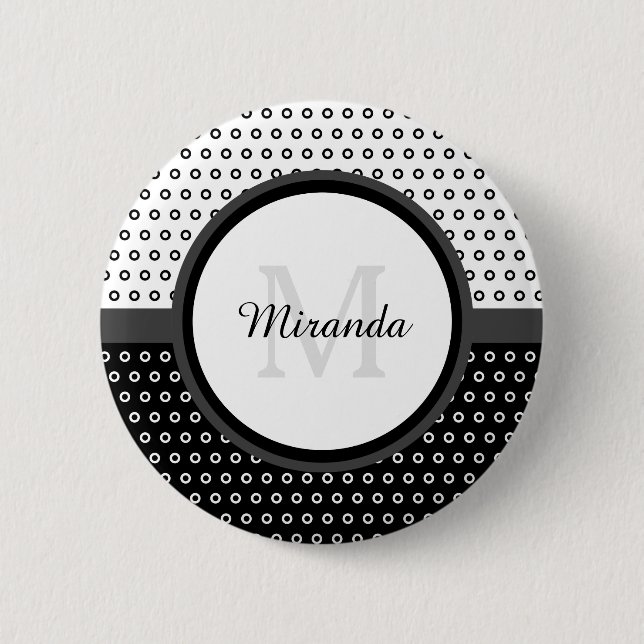 Mod Black and White Polka Dots Monogram With Name 6 Cm Round Badge (Front)