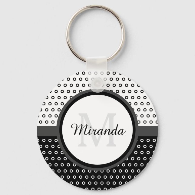 Mod Black and White Polka Dots Monogram With Name Key Ring (Front)